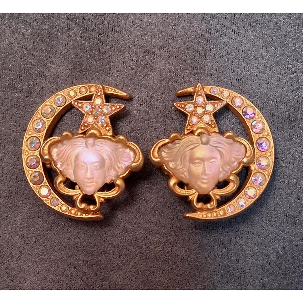 Vintage Kirks Folly Fairy Earrings AB Rhinestones Moon